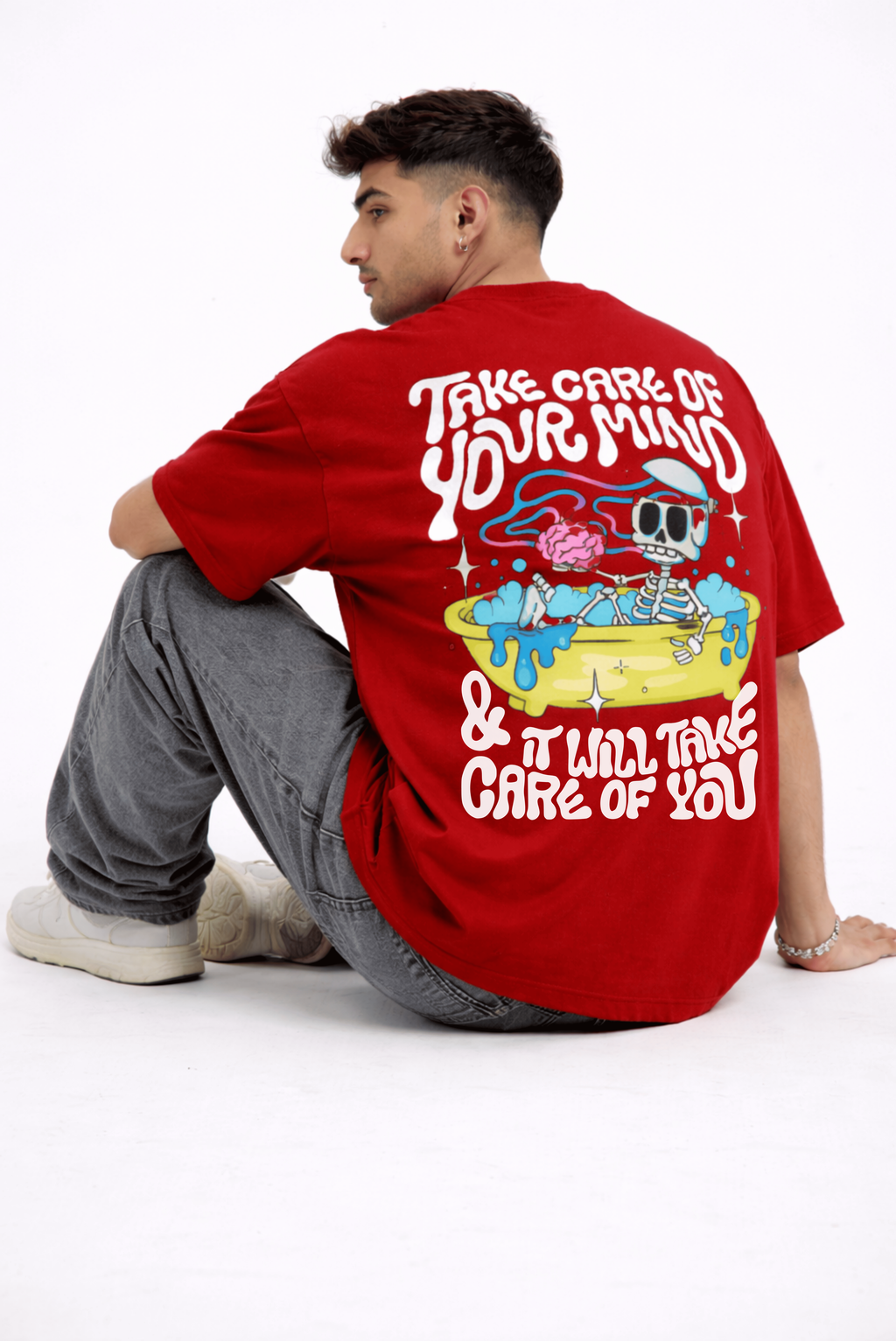Take Care of Your Mind Oversized Graphic T-Shirt – Maroon | Unisex Streetwear Tee