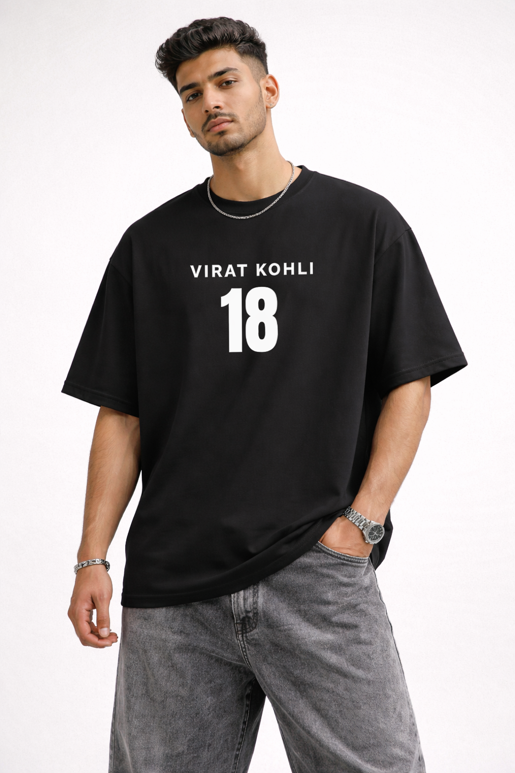 Virat Kohli 18 Oversized Black T-Shirt – King Kohli Graphic Back Print Cricket Tee