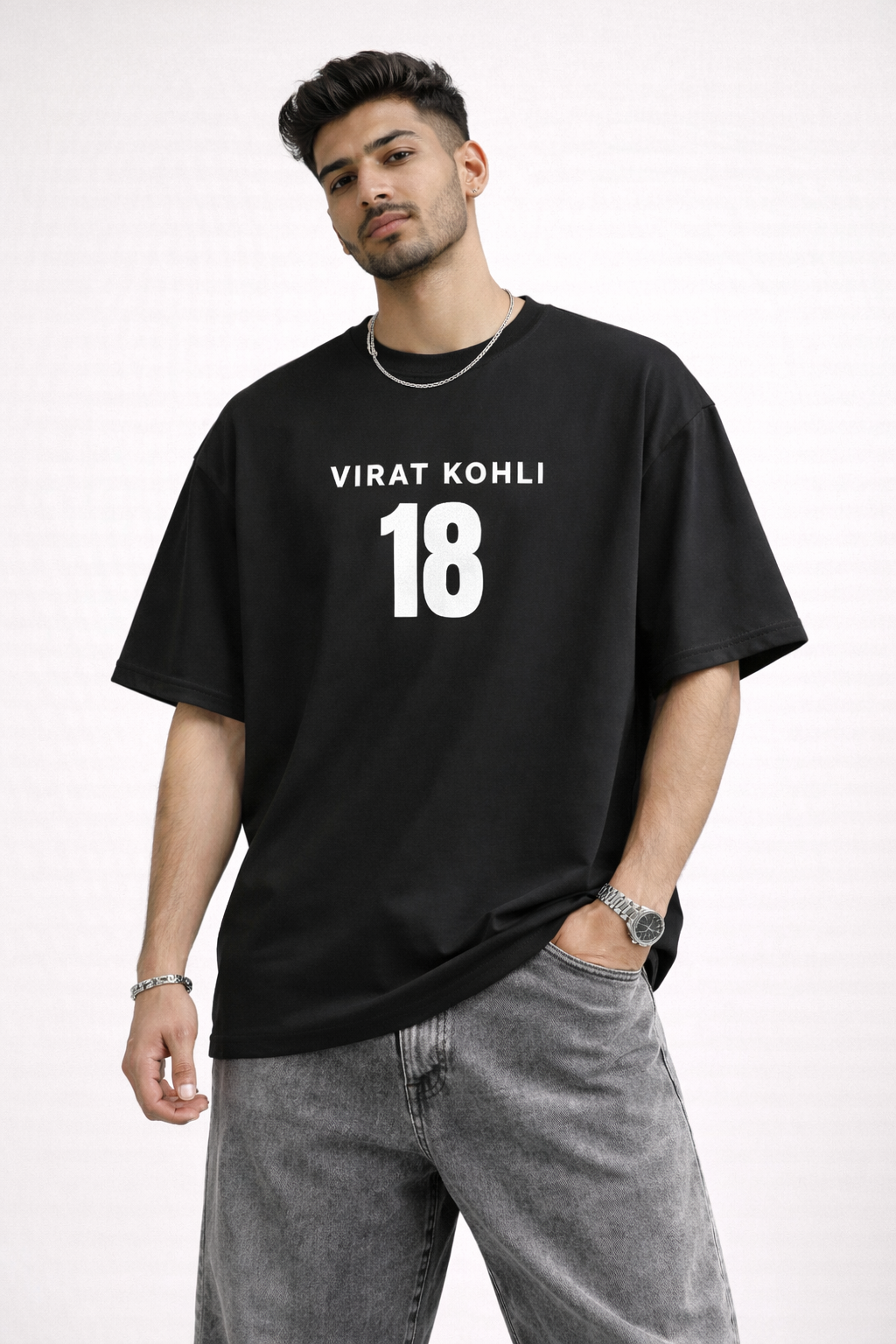 Virat Kohli 18 Oversized Black T-Shirt – King Kohli Graphic Back Print Cricket Tee